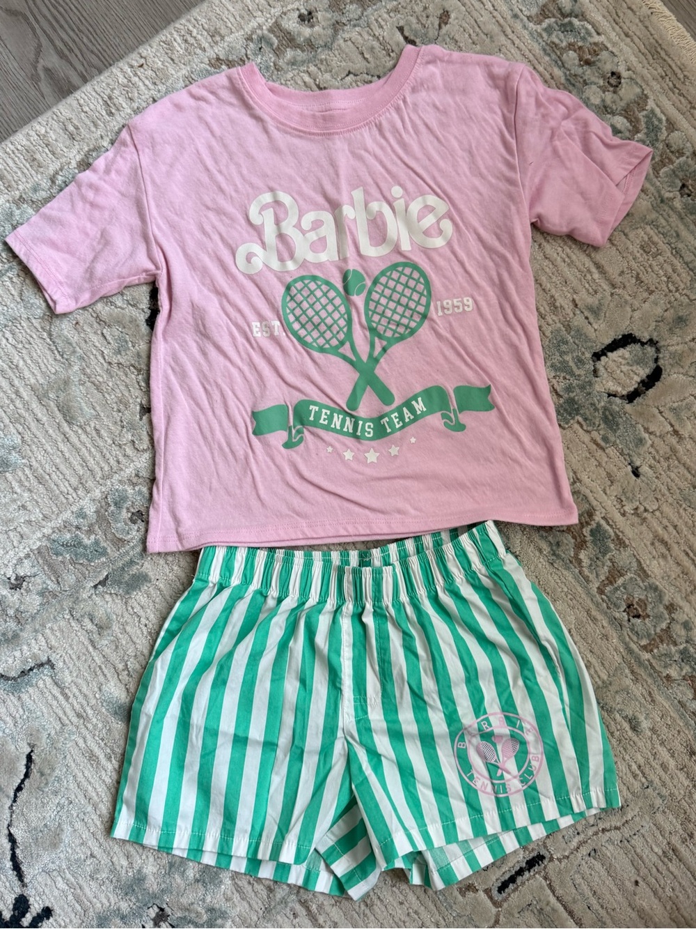 Youth Barbie Pink Tee with Green Striped Shorts Pajama Set Girls Size 8 / Med